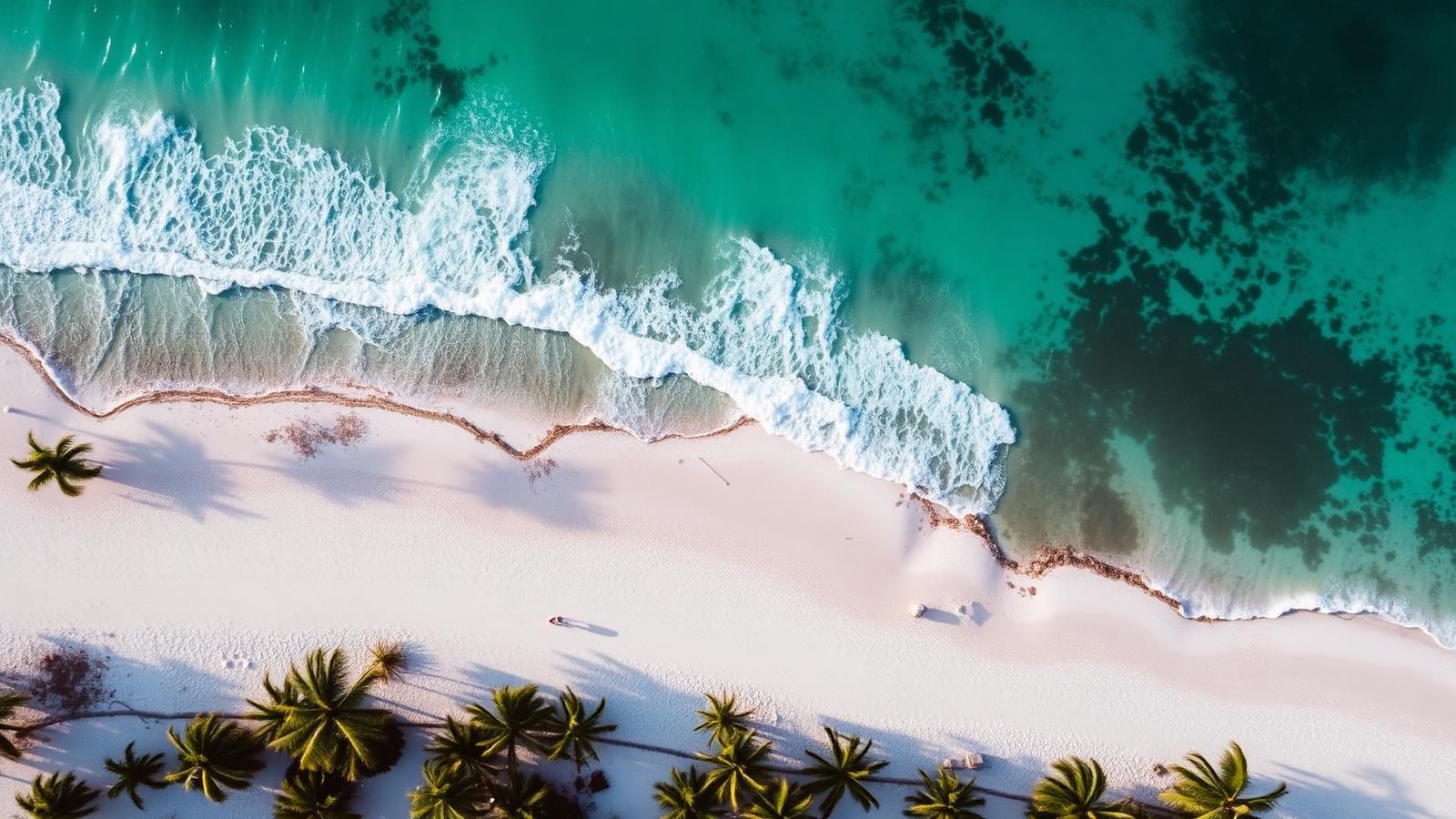 Vista aérea de la costa de Yucatán con palmeras y mar turquesa