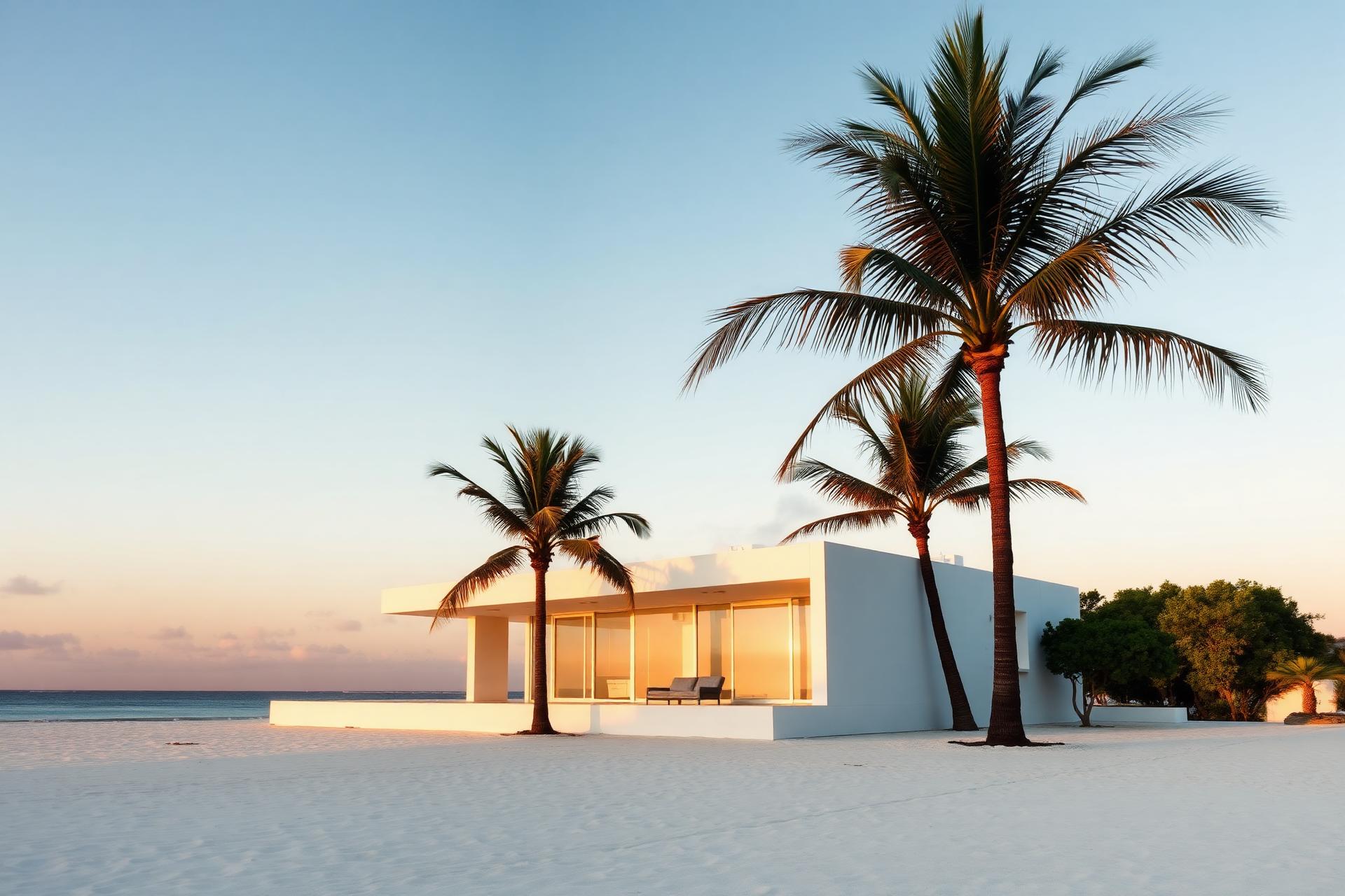 Casa moderna frente al mar en la costa de Yucatán al atardecer